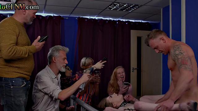 British CFNM slut pounded while others watch and film