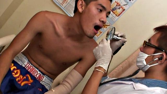Asian twink enjoys bareback anal with doctor after check