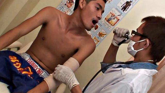 Asian twink enjoys bareback anal with doctor after check