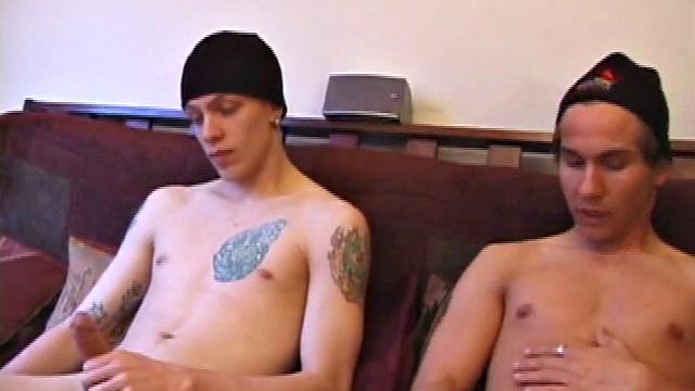 Shane and Brock start watching a porn video, while getting themselves ready for the task at hand. Hands find their way into their pants. Cock in hand, Brock strokes and soon both he and Shane are stripping naked.