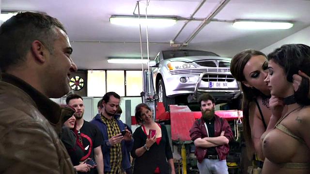 A tattooed slut get dominated and rimmed by a mechanic before blowing and sucking his hard cock