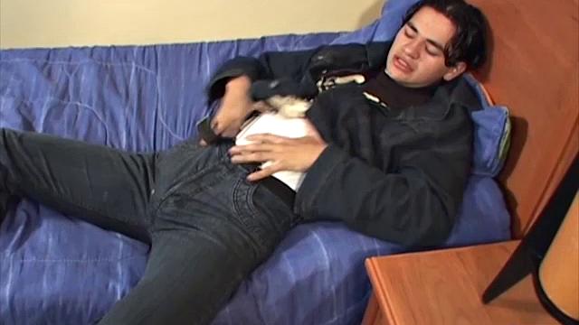 Latin twink Cesar peels off his clothes on the bed, revealing his big uncut cock to pleasure himself. Naked, Cesar has a nice boner. To warm up, he gives his smooth ass a long finger fucking.