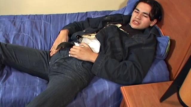 Latin twink Cesar peels off his clothes on the bed, revealing his big uncut cock to pleasure himself. Naked, Cesar has a nice boner. To warm up, he gives his smooth ass a long finger fucking.