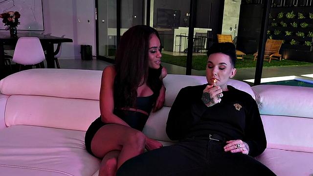 Strapon inked queer fucks Ebony pussy, then gets licked.