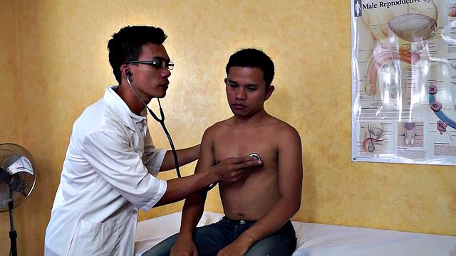 Slim Asian bottom fingered by medic before bareback sex