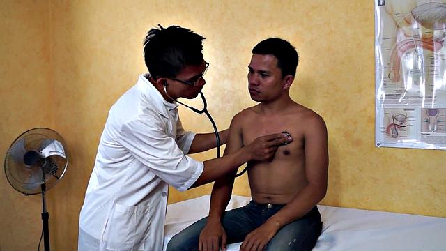 Slim Asian bottom fingered by medic before bareback sex