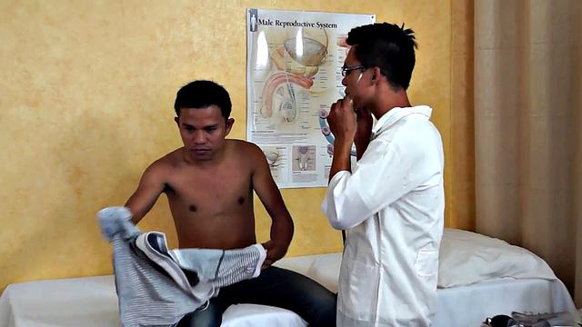 Slim Asian bottom fingered by medic before bareback sex