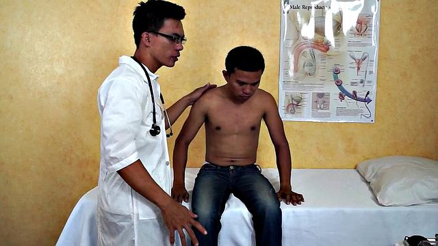 Slim Asian bottom fingered by medic before bareback sex