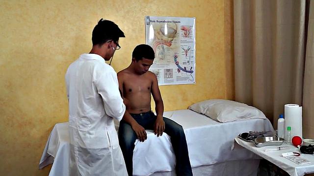 Slim Asian bottom fingered by medic before bareback sex