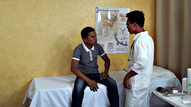 Slim Asian bottom fingered by medic before bareback sex