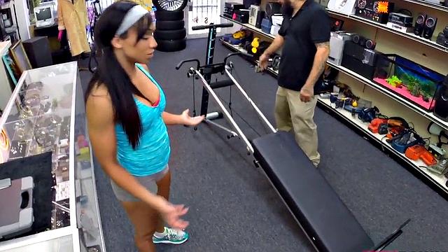 Black pawnshop babe fucked on equipment for facial