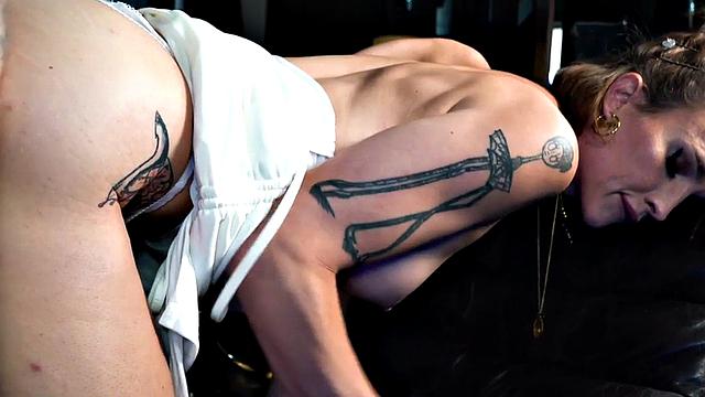 Trans guy gets licked by busty Tranny MILF in heels