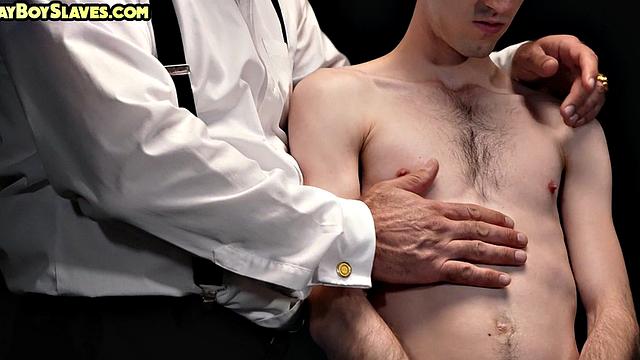 Oiled twink sub toyed by gaydaddy while jerking cock