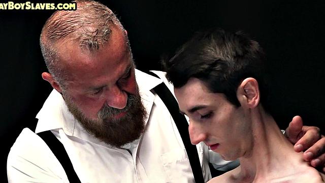 Oiled twink sub toyed by gaydaddy while jerking cock