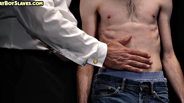 Oiled twink sub toyed by gaydaddy while jerking cock