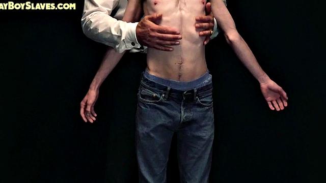 Oiled twink sub toyed by gaydaddy while jerking cock