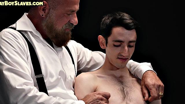 Oiled twink sub toyed by gaydaddy while jerking cock