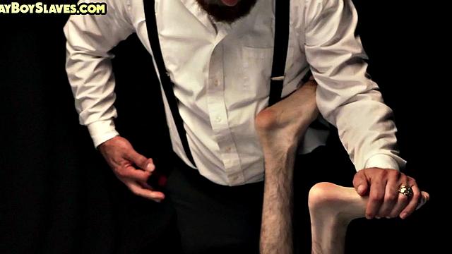 Oiled twink sub toyed by gaydaddy while jerking cock