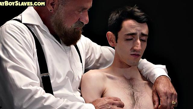 Oiled twink sub toyed by gaydaddy while jerking cock