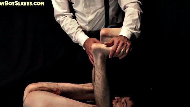 Oiled twink sub toyed by gaydaddy while jerking cock