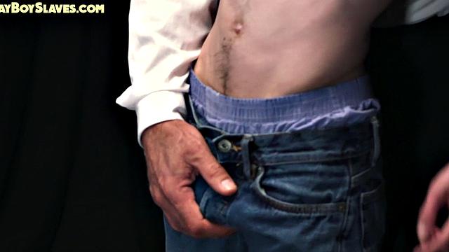 Oiled twink sub toyed by gaydaddy while jerking cock