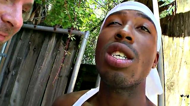 Watch this hot interracial pornstar take it in the ass from a white guy's topless tank top