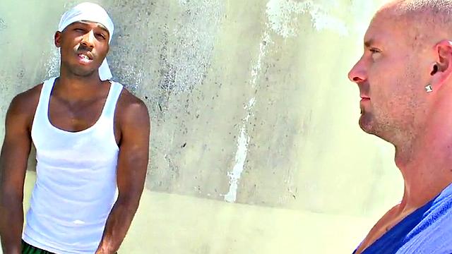 Watch this hot interracial pornstar take it in the ass from a white guy's topless tank top