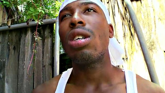 Watch this hot interracial pornstar take it in the ass from a white guy's topless tank top