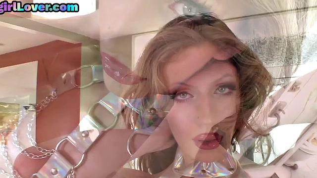 Oiled Tgirl solo masturbating and cum on tits