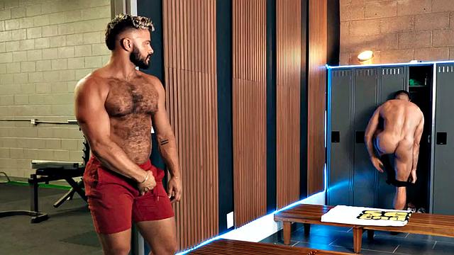 Eager athletic jock rides in locker room