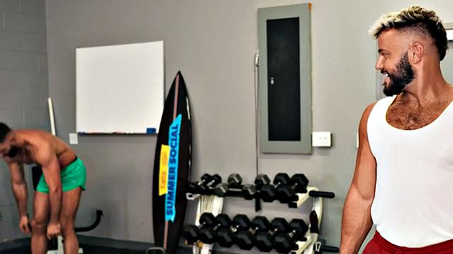 Eager athletic jock rides in locker room