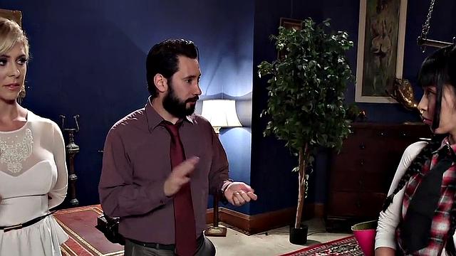 Blonde Asian MILF bound and fucked hard in a wild threesome with bigtits and lingerie