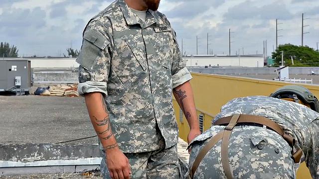 Military bottom stud assfucked in front of elder voyeur