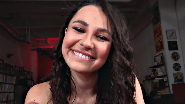 HJ amateur 21yo with small boobs jerks oiled cock in POV