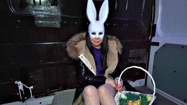 Masked bunny picked up and fucked in outdoor van