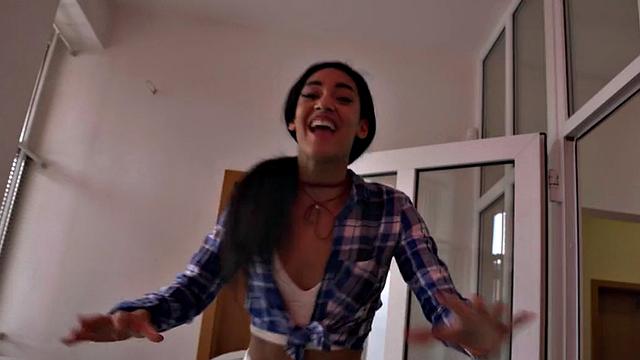 Tattooed teen with small tits enjoys threesome with her hostel room mate