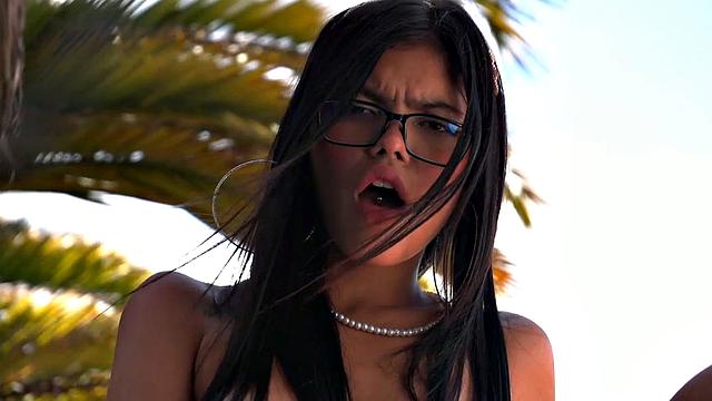 Lil Mia showing her natural tits and shaved pussy outdoor. She rubs her natural tits and pussy, fingering until orgasm