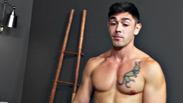 Athletic jock barebacked by stud after exercise