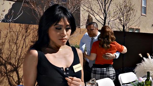 Squirting Asian dyke scissoring big-titted redhead