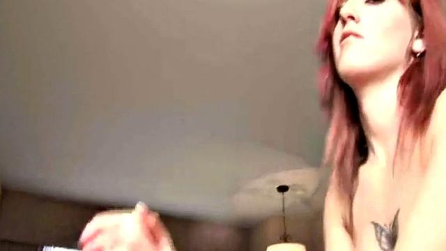 Busty teen jerks off dirty cock