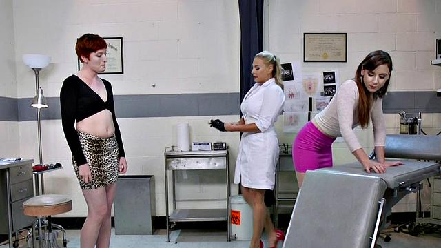 Naughty nurse dominates and fucks her patients' tight ass with strapon in hot threesome