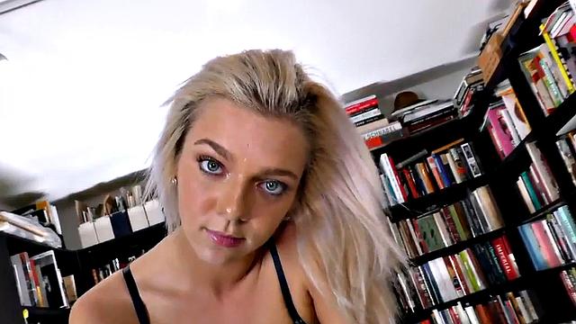 HJ POV medium boobs babe jerks oiled cock and talks