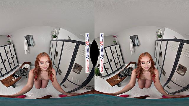 Redhead neighbor Madison Morgan gets confronted with a hard cock at the gym