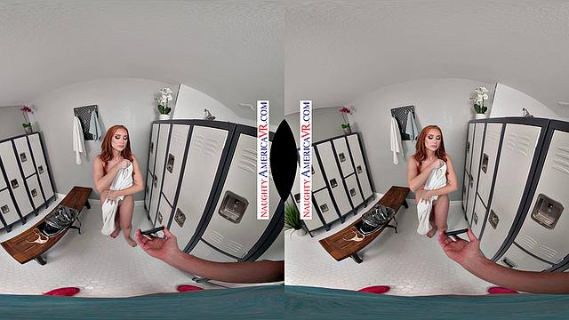 Redhead neighbor Madison Morgan gets confronted with a hard cock at the gym