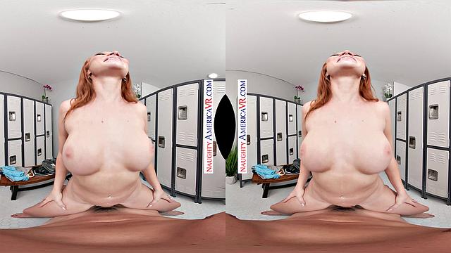 Redhead neighbor Madison Morgan gets confronted with a hard cock at the gym