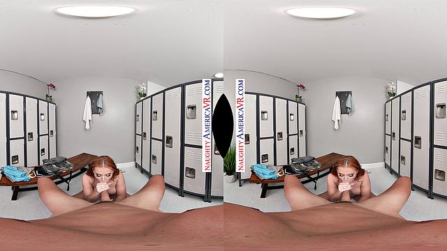 Redhead neighbor Madison Morgan gets confronted with a hard cock at the gym