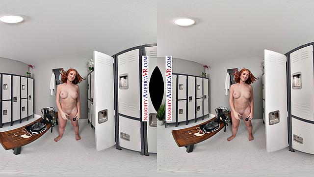 Redhead neighbor Madison Morgan gets confronted with a hard cock at the gym