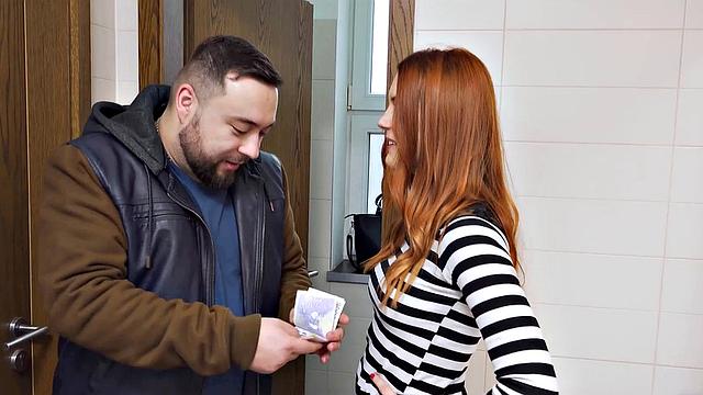 HUNT4K. Belle with red hair fucked by stranger in toilet in front of boyfriend