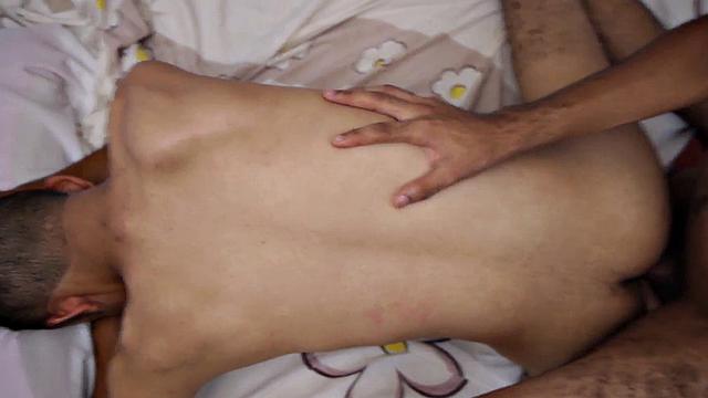 Skinny African gay barebacked by BFs cock at home