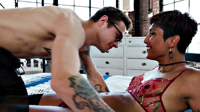 Stunning TS babe cockriding her lover before doggystyle